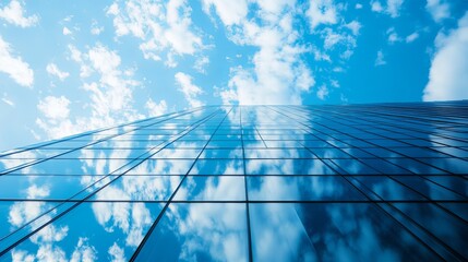 Modern skyscraper glass facade reflecting a partly cloudy sky
