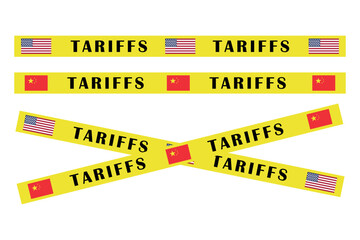 Yellow ribbons display the word tariffs alongside American and Chinese flags against a white background