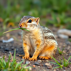 Speckled ground squirrel with a blade of grass in his mouth sitting on the ground