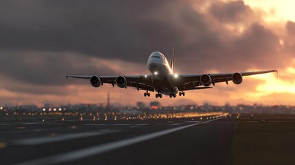 Naklejka premium Airplane Landing in Sunset Sky