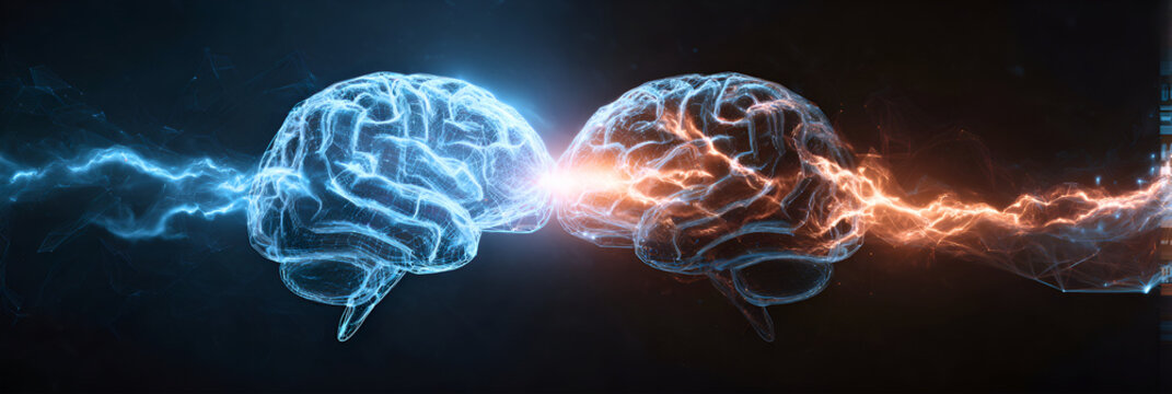 Two glowing human brains in a digital network with electric energy connecting them symbolizing communication and ideas