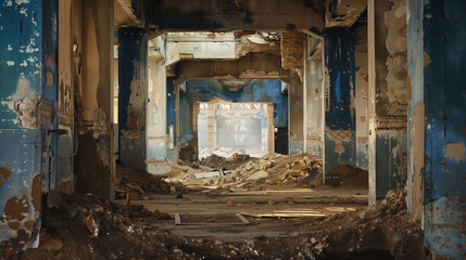 "Demolition site where crumbling walls reveal geometric interiors
