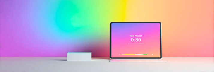 Modern smartphone displaying vibrant gradient screen against a colorful abstract background with a small white cube