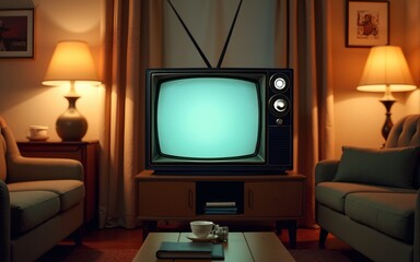 Retro living room scene featuring an old-fashioned television set with rabbit ear antennas, surrounded by warm lighting, comfortable furniture, and nostalgic decor. High quality