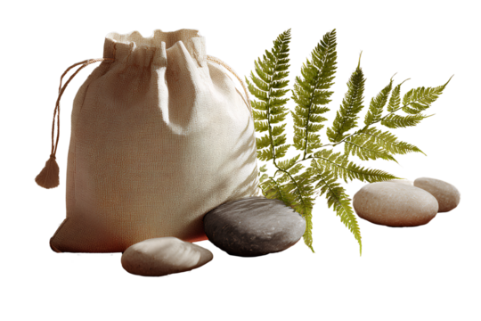 Styled Natural Composition Featuring Beige Canvas Drawstring Bag, Fern Sprig Tucked Inside, and Balanced Stones on Elegant Wooden Tray, Angled Perspective, Isolated on Transparent Background