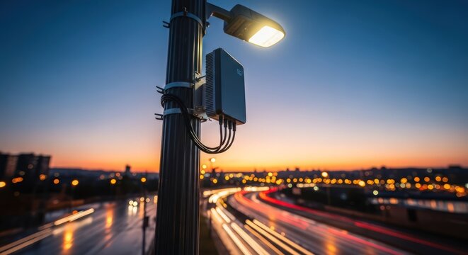 5G Small Cell Technology on a Light Pole at Dusk with Cityscape and Traffic