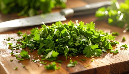 A close-up of freshly chopped parsley on a rustic wooden cutting board with a chef's knife.