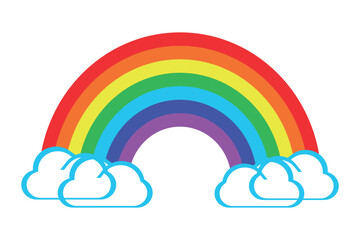 Colorful rainbow with red, orange, yellow, green, blue and purple ends at bright white clouds