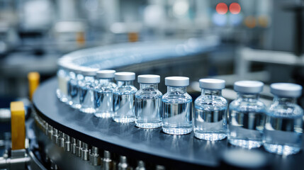 Pharmaceutical production line featuring clear medical vials on conveyor belt, showcasing precision and efficiency in manufacturing