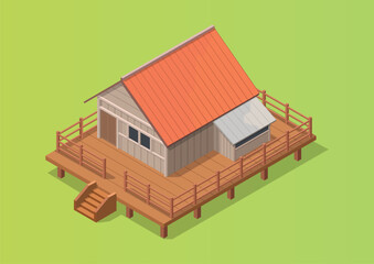 Isometric wooden house rural building