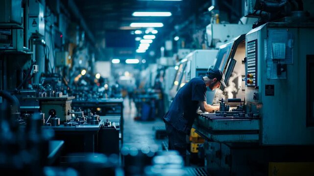 Steel industry factory worker operates machinery amid war impact, showcasing resilience and trade skills driving industrial
