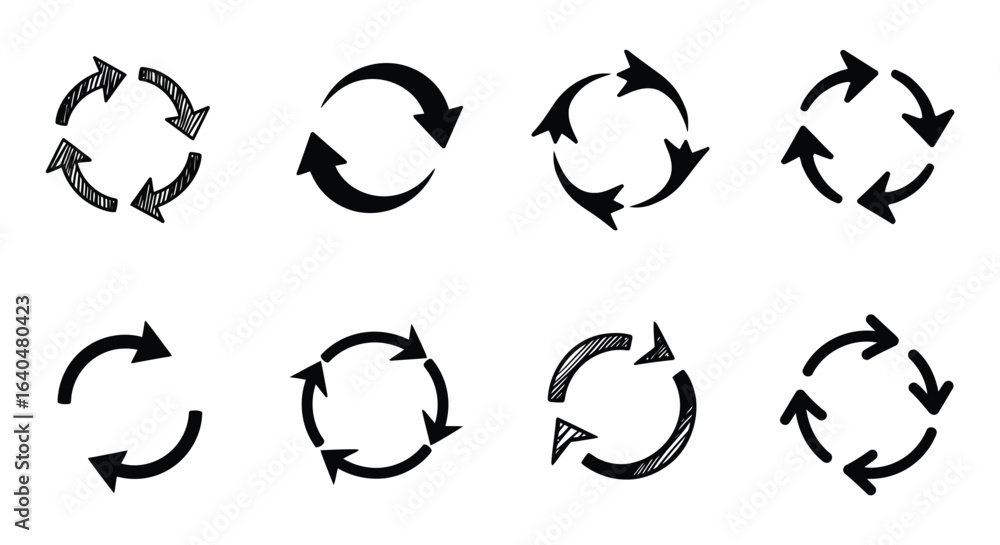 Poster set of circular arrows in various styles representing refresh and reload silhouette