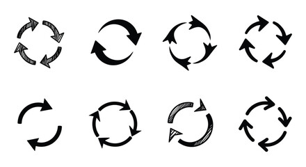 Set of Circular Arrows in Various Styles Representing Refresh and Reload silhouette