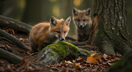 Obraz premium Two Curious Fox Cubs Exploring the Forest Floor Amid Fallen Leaves