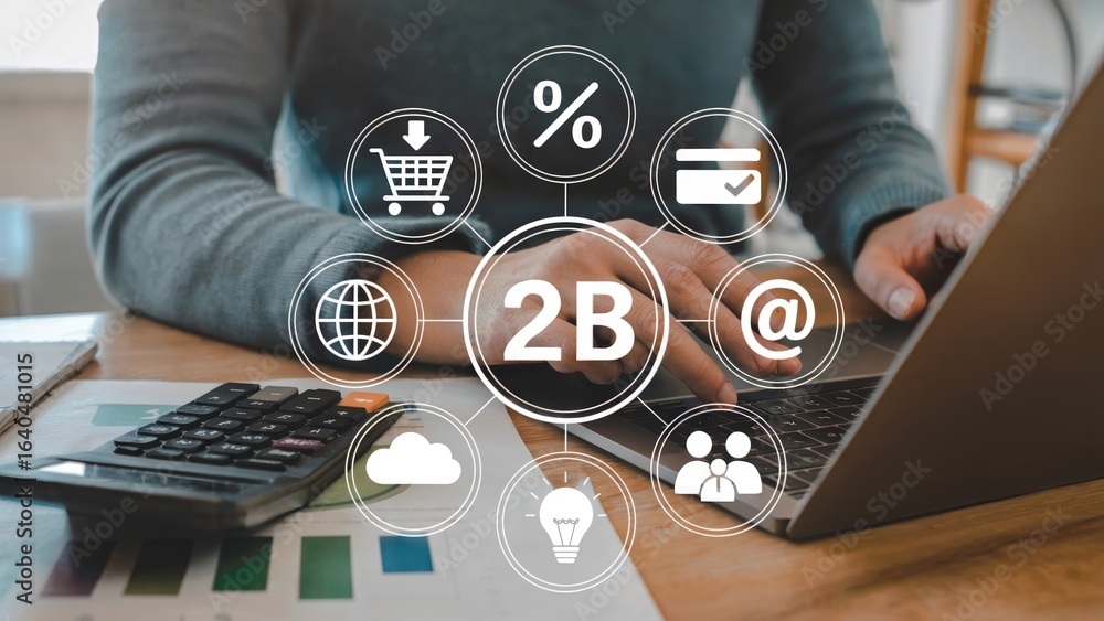 Poster business professional analyzing data and digital strategy with interactive icons on laptop screen