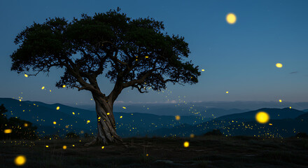 Majestic oak tree silhouettes against twilight sky illuminated by fireflies illuminating the night scene