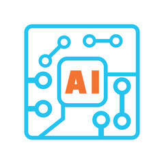 Fototapeta premium Orange AI letters enclosed by a blue square network emblem against white space