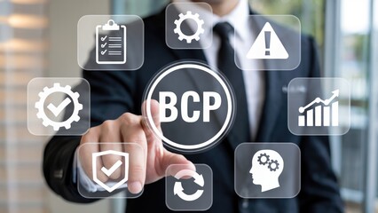 Business professional interacts with digital interface, selecting BCP options for strategic planning and risk management.