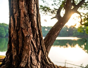 Obraz premium Tranquil Lakeside Vista Featuring Textured Tree Bark and Golden Sunlight Reflection on Water