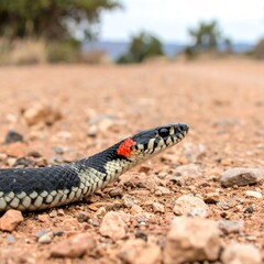 Fototapeta premium Close-up of a black snake with red markings on its head, slithering on a reddish-brown gravel path