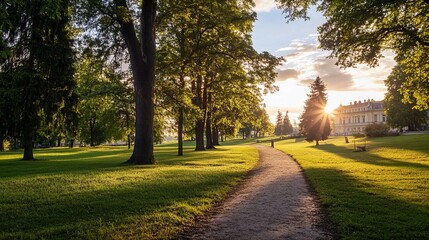 Sun-drenched park path at sunset. Lush trees line a gravel walkway leading to a light-yellow building