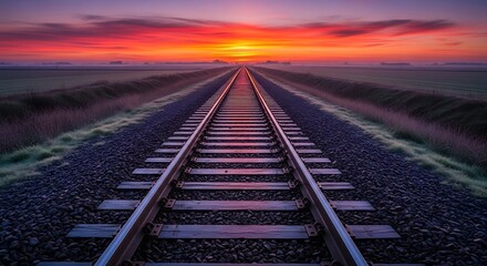Fototapeta premium A dramatic sunset paints the sky with vibrant hues of orange, pink, and purple over a long, straight railway track stretching into the distance.