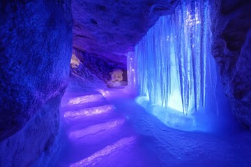 Magical ice cave with frozen icicles and blue light in winter season