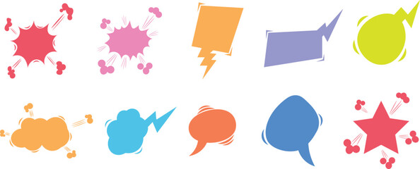 Set of retro comic empty colored speech bubbles featuring vibrant, vintage-style shapes for creative dialogue designs.