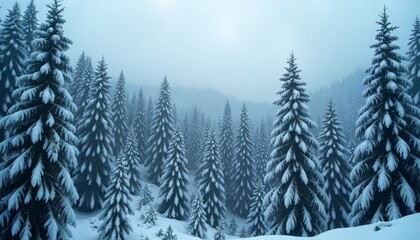 Fototapeta premium Snowy Pine Tree Forest in Winter Landscape