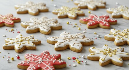 Decorated snowflake shaped cookies