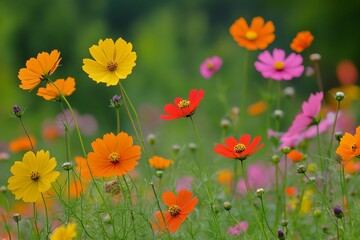 Obraz premium Vibrant cosmos flowers in a field, various colors