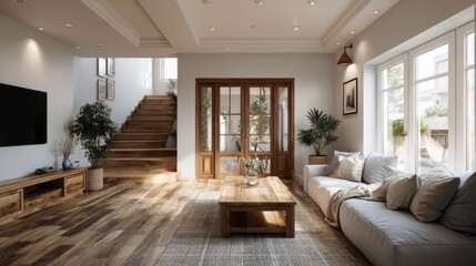 Farmhouse home interior design of modern living room with wooden staircase.