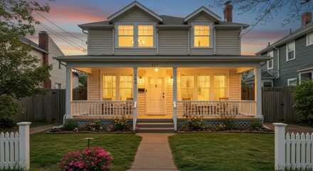Illuminated home exterior at dusk