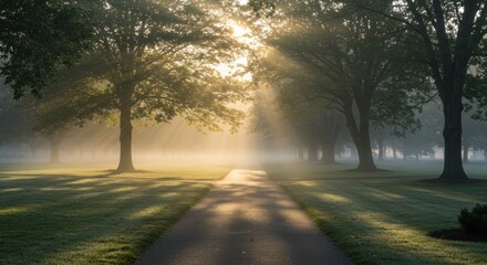 Misty sunrise path through woods