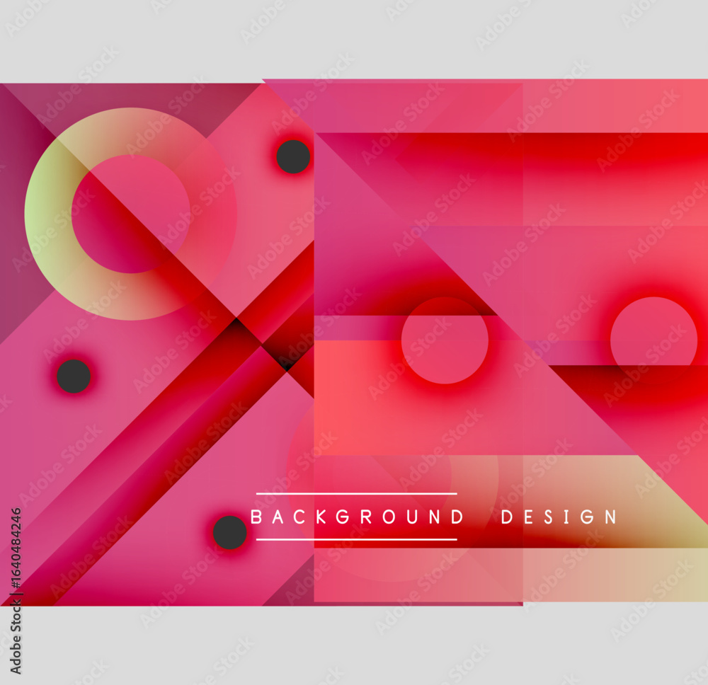 Poster abstract geometric design. pink, red gradients dominate composition. circles, rectangles intersect c