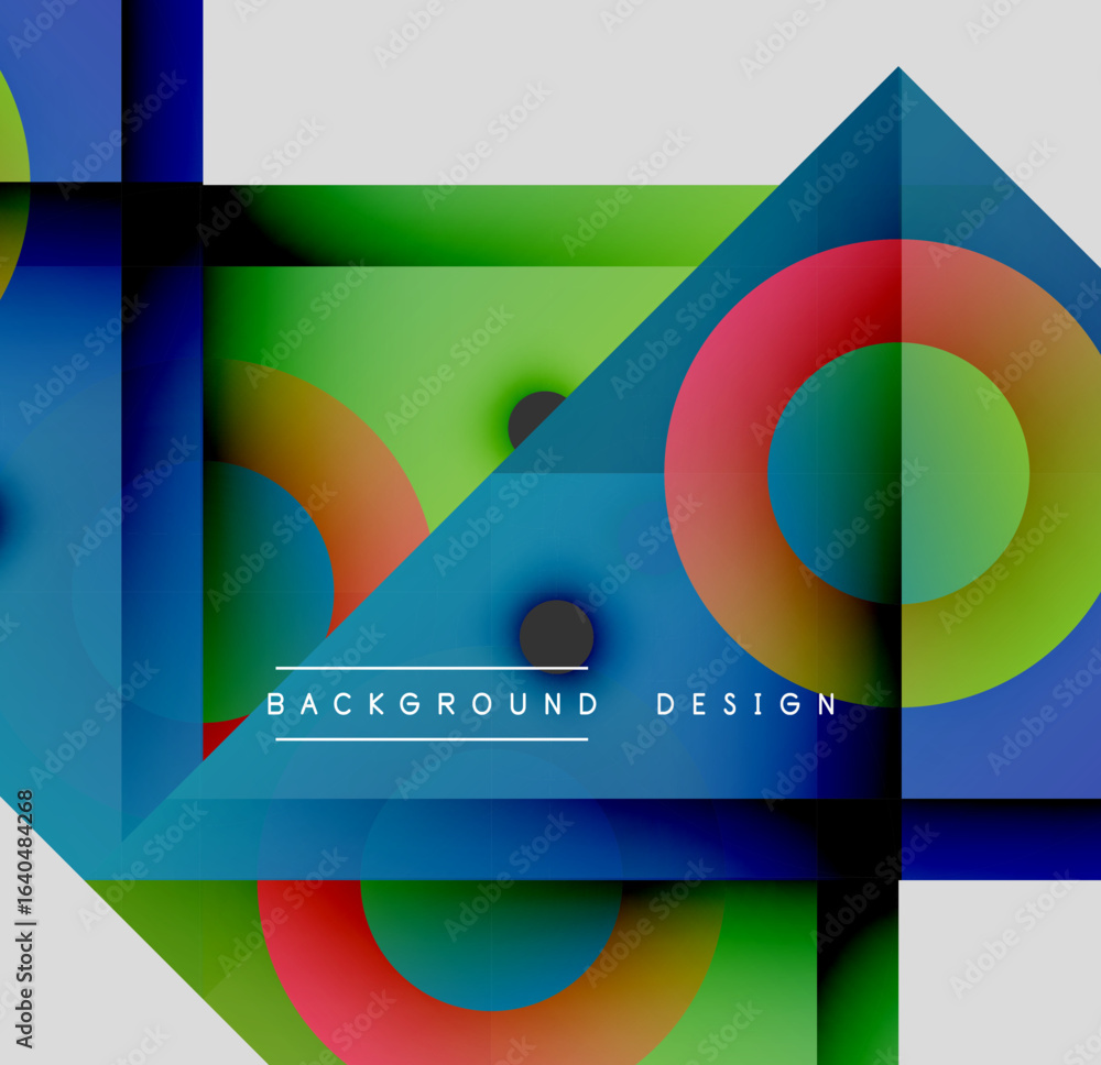 Poster abstract geometric composition. vivid colors blend, creating dynamic visual experience. shapes overl