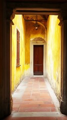 Obraz premium Yellow hallway with arched entryway and brown door