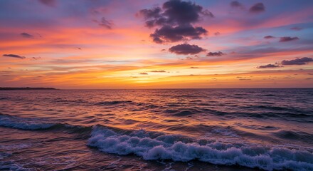 Obraz premium Colorful Sunset Over Ocean with Vibrant Sky and Gentle Waves