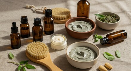 Natural skincare products on light beige surface