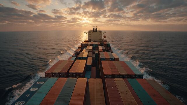 Container ship steel industry cargo vessel on ocean at sunset with freight shipping logistics import export maritime transport