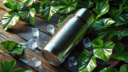 Refreshing Drink With Ice Cubes Surrounded By Green Leaves On Wooden Table