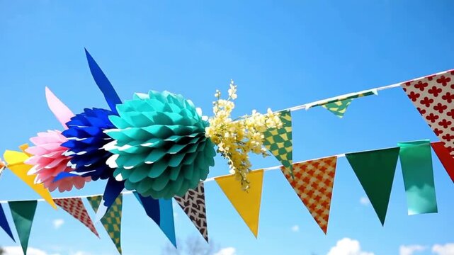 a rich deep teal and vintage pastel bunting decoration against a vibrant blue sky suggesting easter