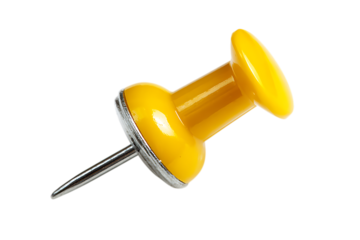 Bright yellow push pin with sharp metal point on white background.