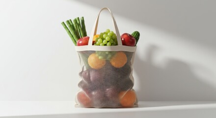 Reusable produce shopping bag with fresh fruits and vegetables