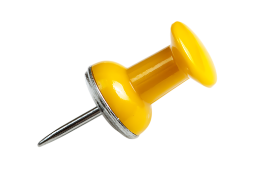 Bright yellow push pin with sharp metal point on white background.