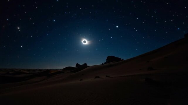 annular solar eclipse over a desert landscape at night moving slow