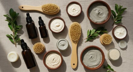 Skincare products display overhead view