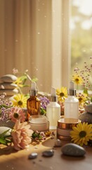 Skincare products display with flowers