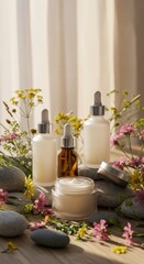 Skincare products display with flowers and stones
