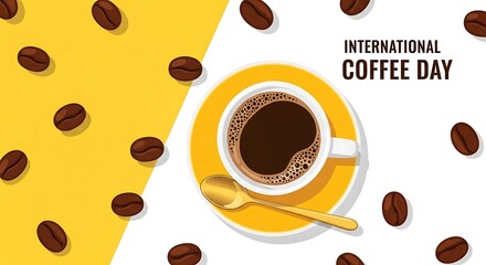 Obraz premium International coffee day celebration with a cup of coffee and beans